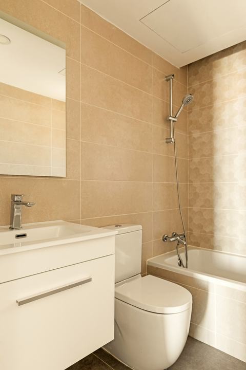 El lavabo, bajo el espejo.
